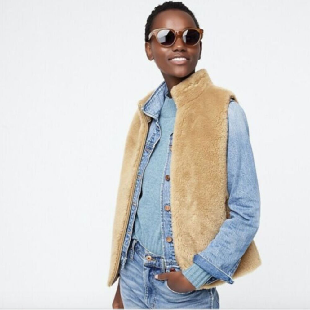 J.Crew Plush Fleece Excursion Vest XXS Camel Teddy Sherpa Faux Fur Zip